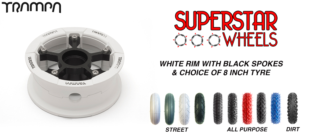 Superstar 7 Inch Wheels - WHITE Gloss rim BLACK spoke & Custom 7 Inch Tyre - 7 Inch Wheel