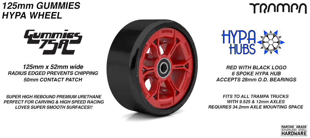 RED GLOSS with BLACK Logo HYPA hub with BLACK Gummies 125mm Longboard Wheel Tyre