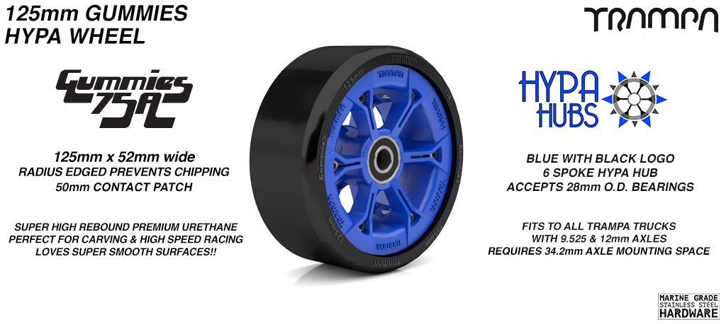 BLUE GLOSS with BLACK Logo HYPA hub with BLACK Gummies 125mm Longboard Wheel Tyre