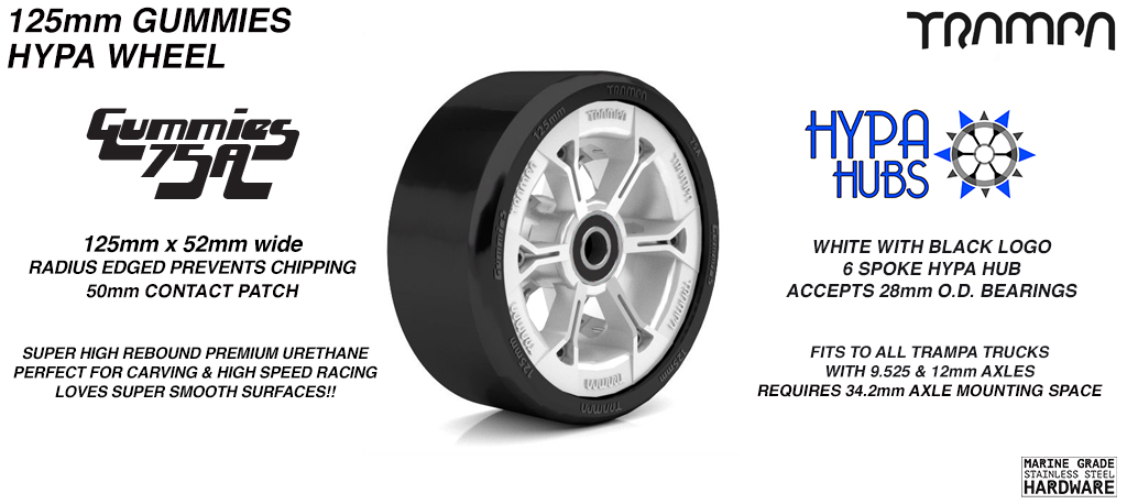 WHITE GLOSS with BLACK Logo HYPA hub with BLACK Gummies 125mm Longboard Wheel Tyre 