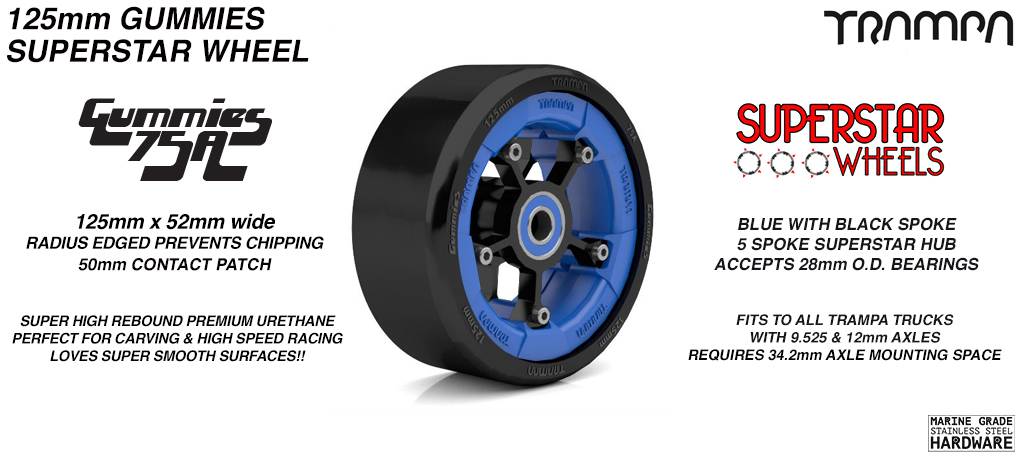 Superstar 125mm Longboard Wheels - GLOSS BLUE with Black logo Superstar Rim with Black Spokes & BLACK Gummies 125mm Longboard Wheel Tyre
