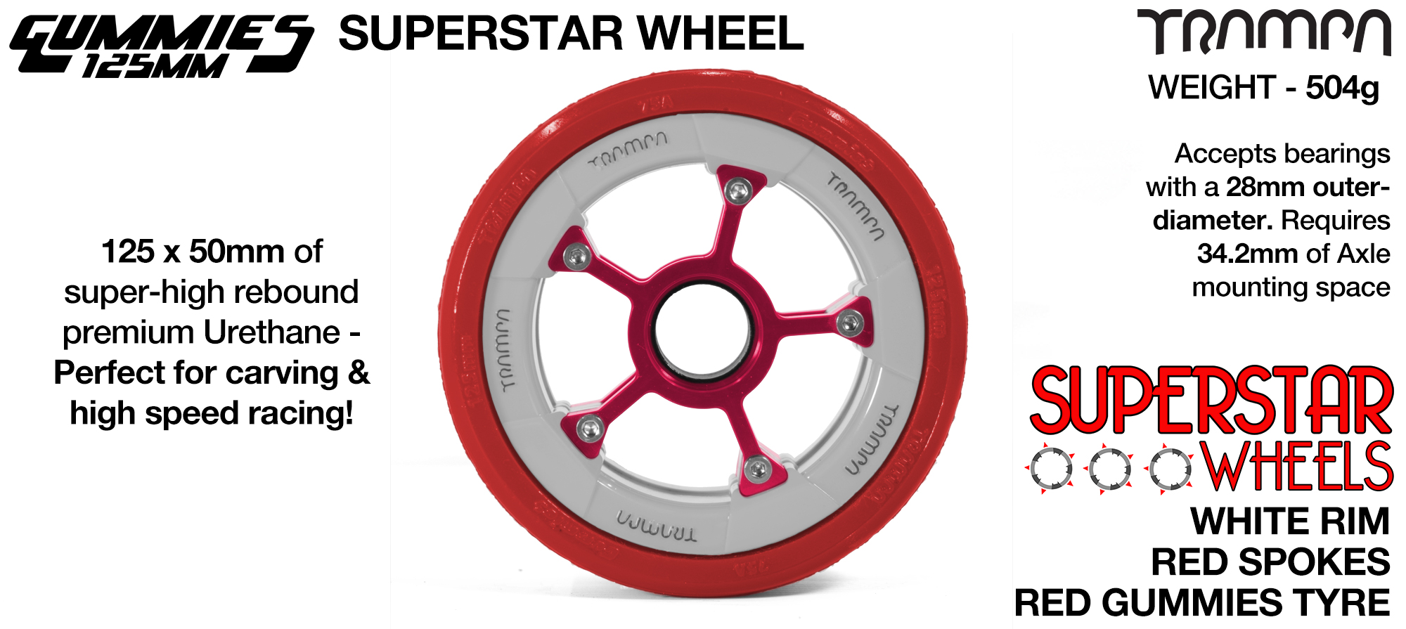 Superstar 125mm Longboard Wheels - WHITE print Superstar Rim with RED Spokes & RED Gummies 