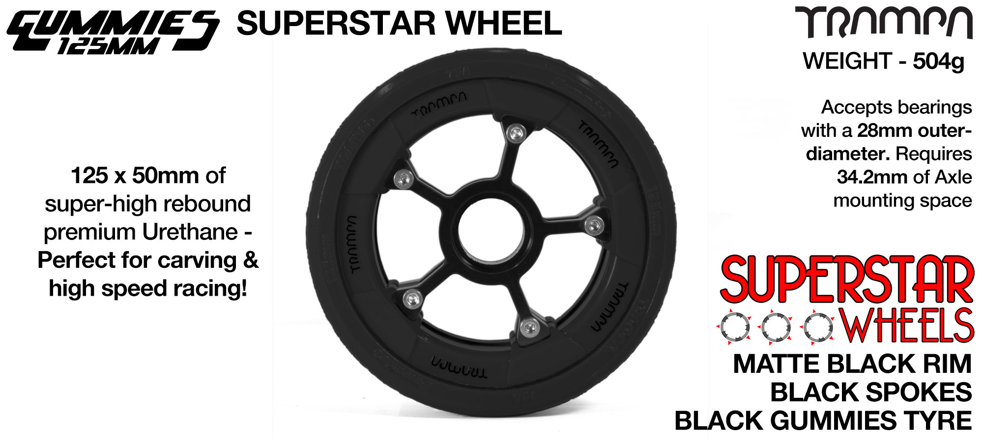 Superstar 125mm Longboard Wheels - Matt BLACK SUPERSTAR Rim with BLACK Anodised Spokes & TTRAMPA BLACK Gummies 125mm Longboard Wheel Tyre 