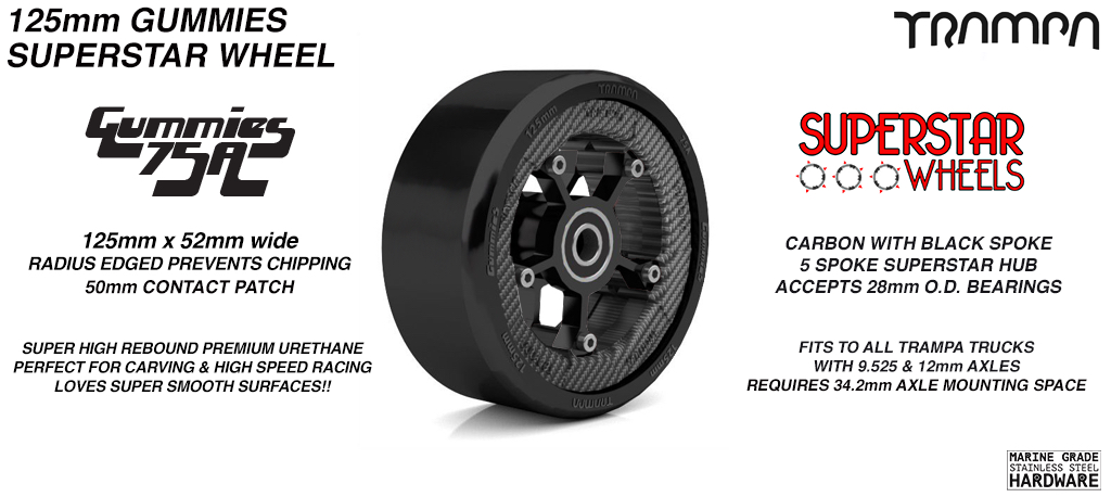 Superstar 125mm Longboard Wheels - CARBON print Superstar Rim with BLACK Spokes & BLACK Gummies 125mm Longboard Wheel Tyre