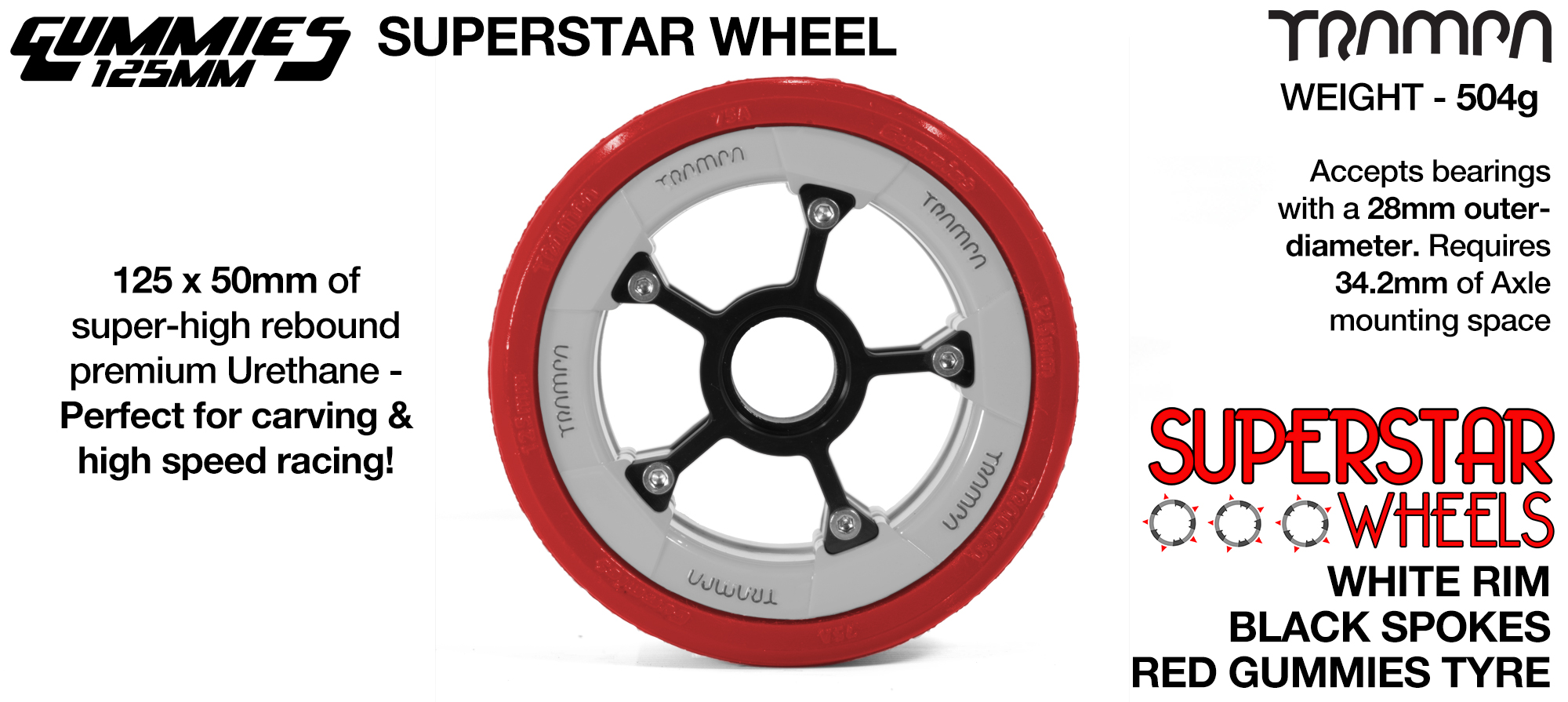 Superstar 125mm Longboard Wheels - Gloss BLACK Superstar Rim with Silver Spokes & BLACK Gummies 125mm Longboard Wheel Tyre 