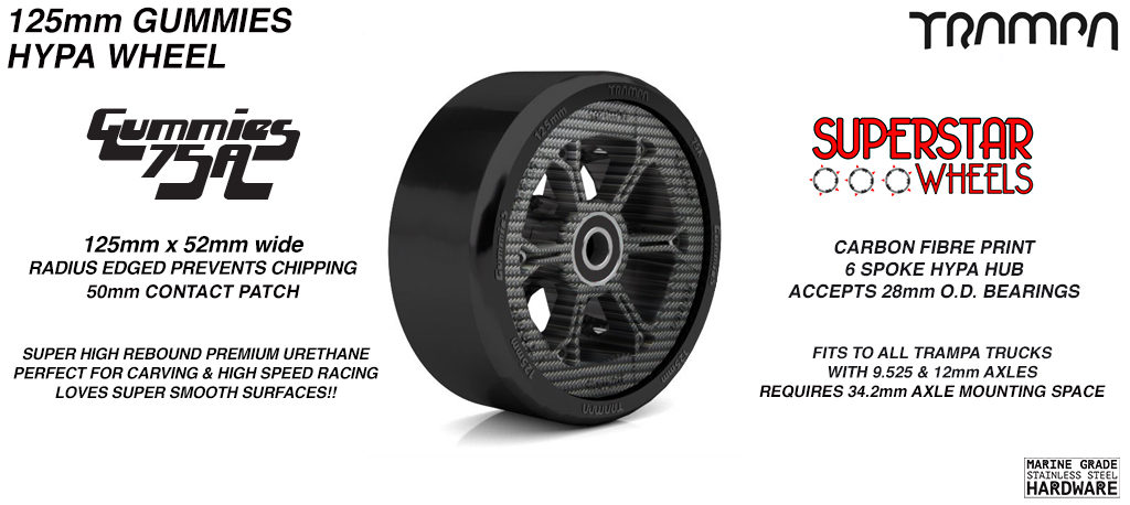 CARBON Print HYPA hub with BLACK Gummies 125mm Longboard Wheel Tyre 
