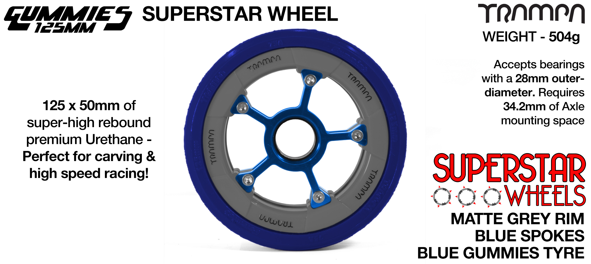 Superstar 125mm Longboard Wheels - MATT GREY Superstar Rim with BLUE Spokes & BLUE Gummies 125mm Longboard Wheel Tyre 