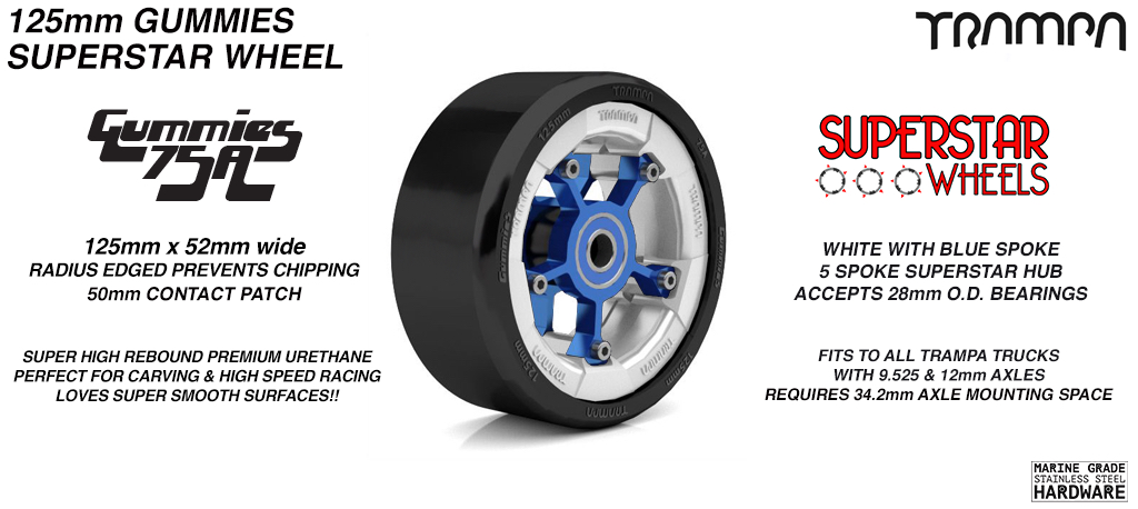 Superstar 125mm Longboard Wheels - GLOSS WHITE with BLUE logo Superstar Rim with BLUE Spokes & BLACK Gummies 125mm Longboard Wheel Tyre 