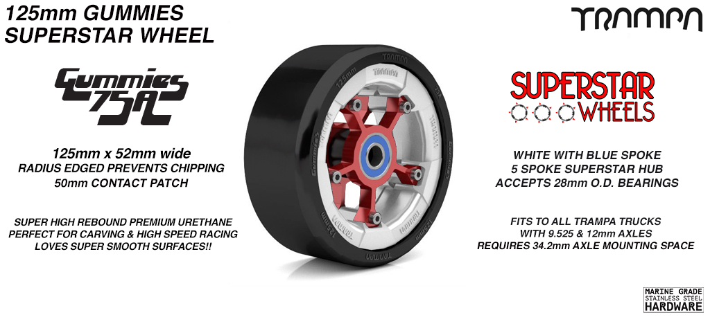 Superstar 125mm Longboard Wheels - GLOSS WHITE with RED logo Superstar Rim with RED Spokes & BLACK Gummies 125mm Longboard Wheel Tyre 