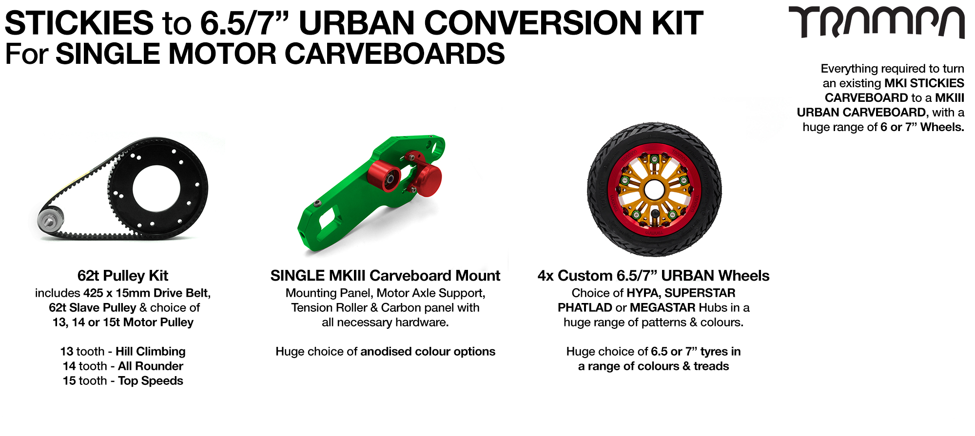 Street to Urban Carveboard complete Conversion kit with 4x 7 Inch Custom wheels - Single mount 
