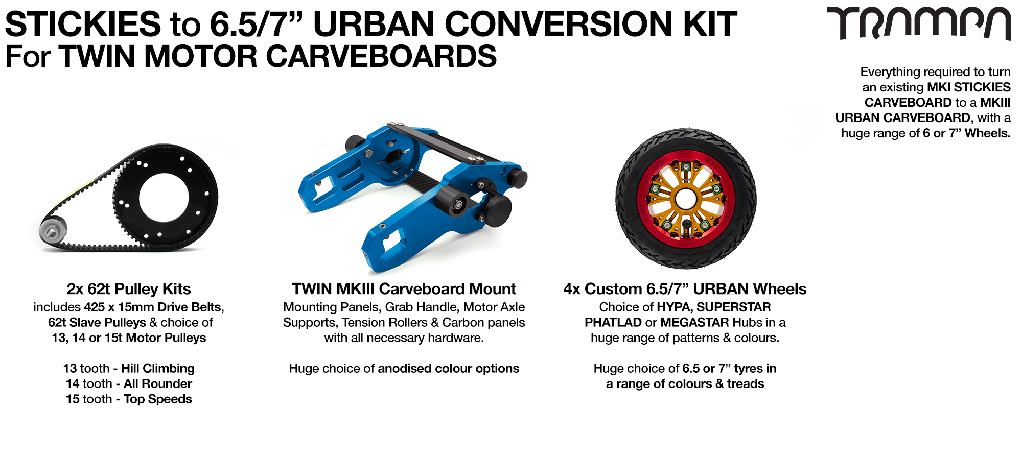 Street to Urban Carveboard complete Conversion kit with 4x 7 Inch Custom wheels & TWIN Motor Mounts 