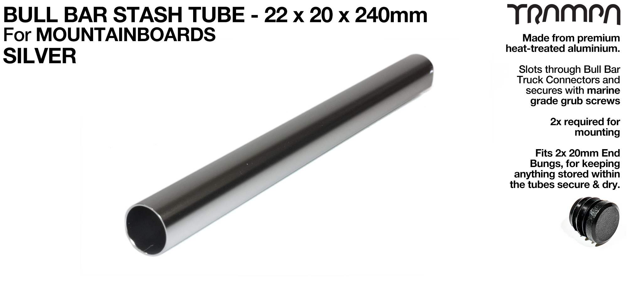 Mountainboard Bull Bar Hollow Aluminium Stash Tube - SILVER 22x20x240mm 