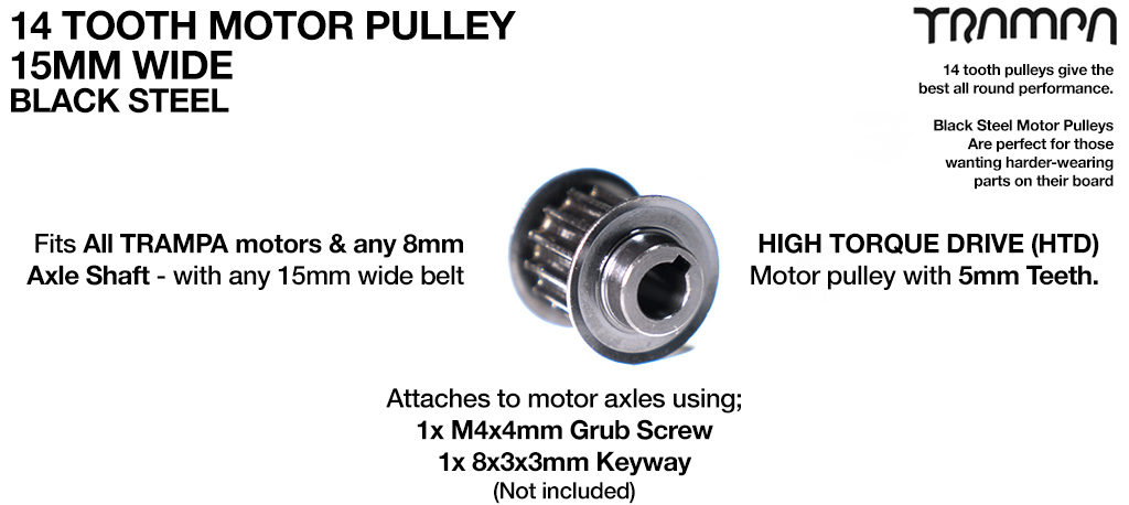 14 Tooth 15mm BLACK STEEL Motor Pulley with 5mm Deep Teeth High Torque Drive (HTD) Fits 8mm Motor Axles - All Round Performance