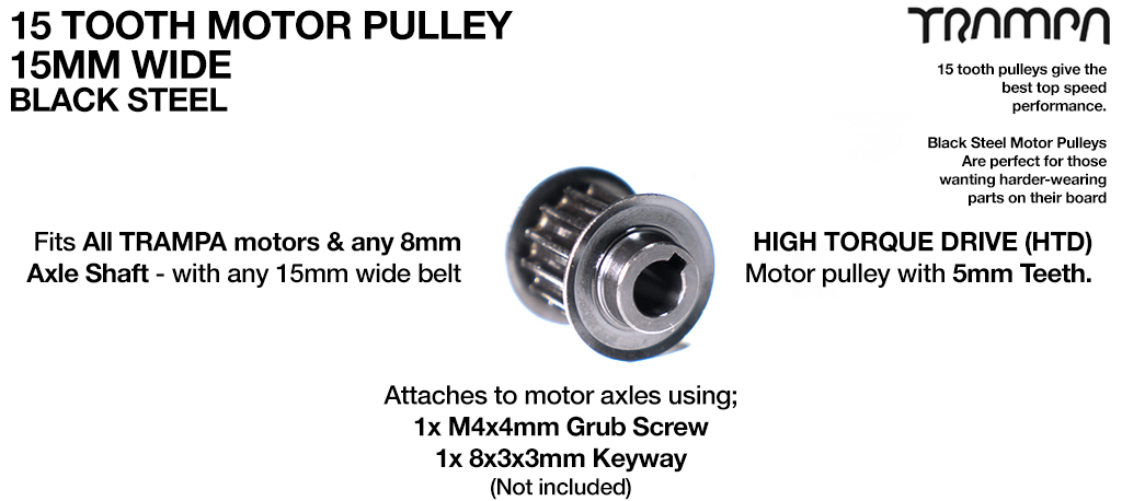 15 Tooth 15mm BLACK STEEL Motor Pulley with 5mm Deep teeth High Torque Drive (HTD) Fits 8mm Motor Axles - Best for Top Speed