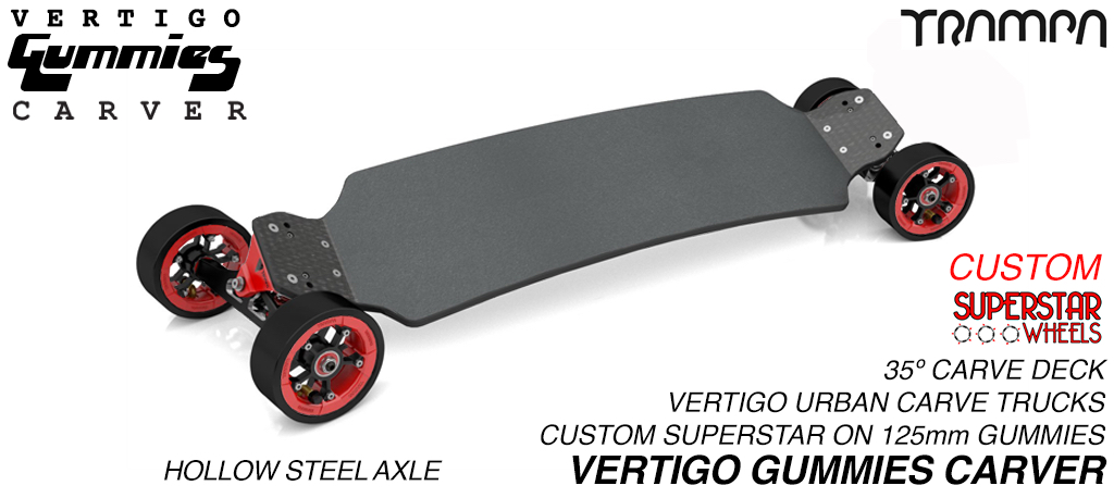 VERTIGO GUMMIES Carveboard - HOLLOW Axle CNC VERTIGO Trucks with Custom SUPERSTAR & 125mm GUMMIES longboard Tyres