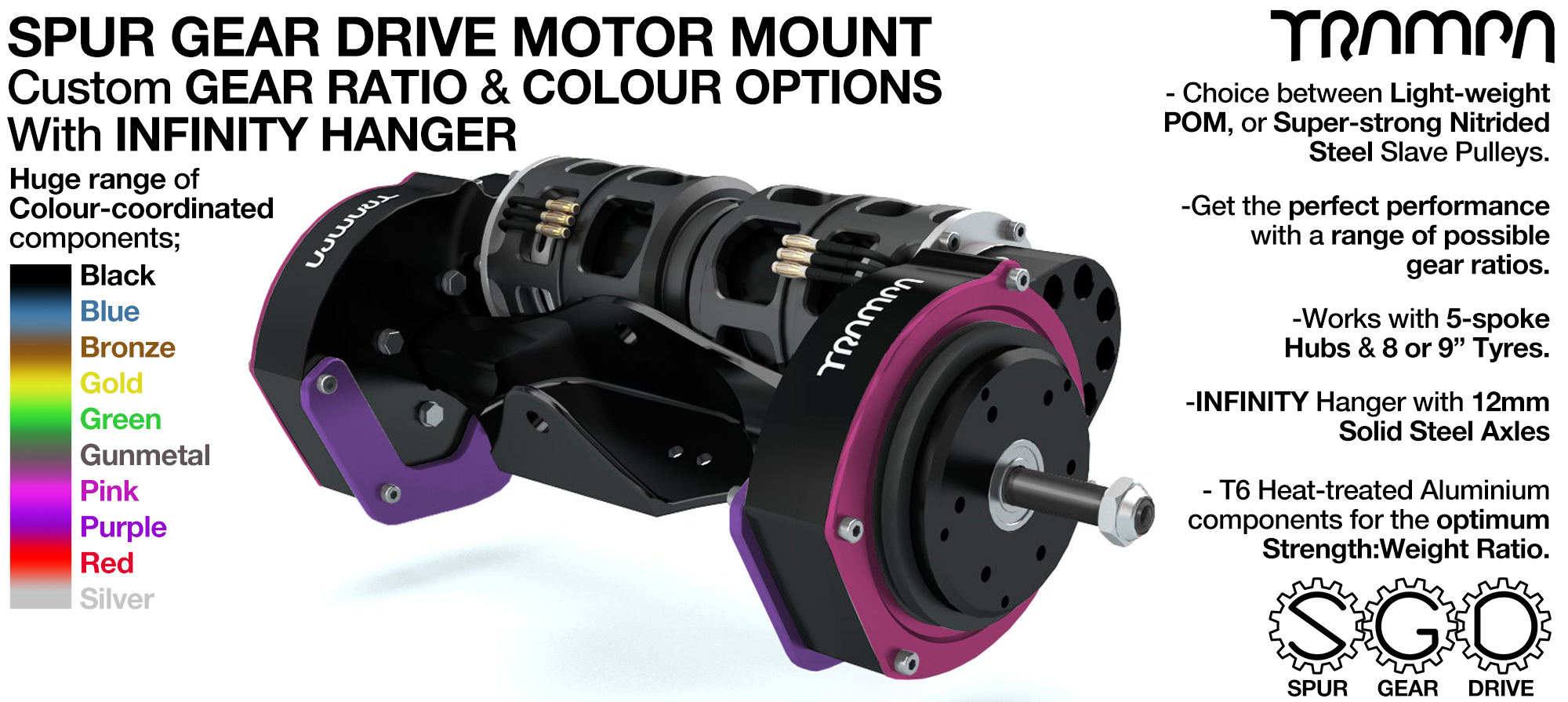 Mountainboard Spur Gear Drive TWIN Motor Mounts with Motors & INFINITY Hanger