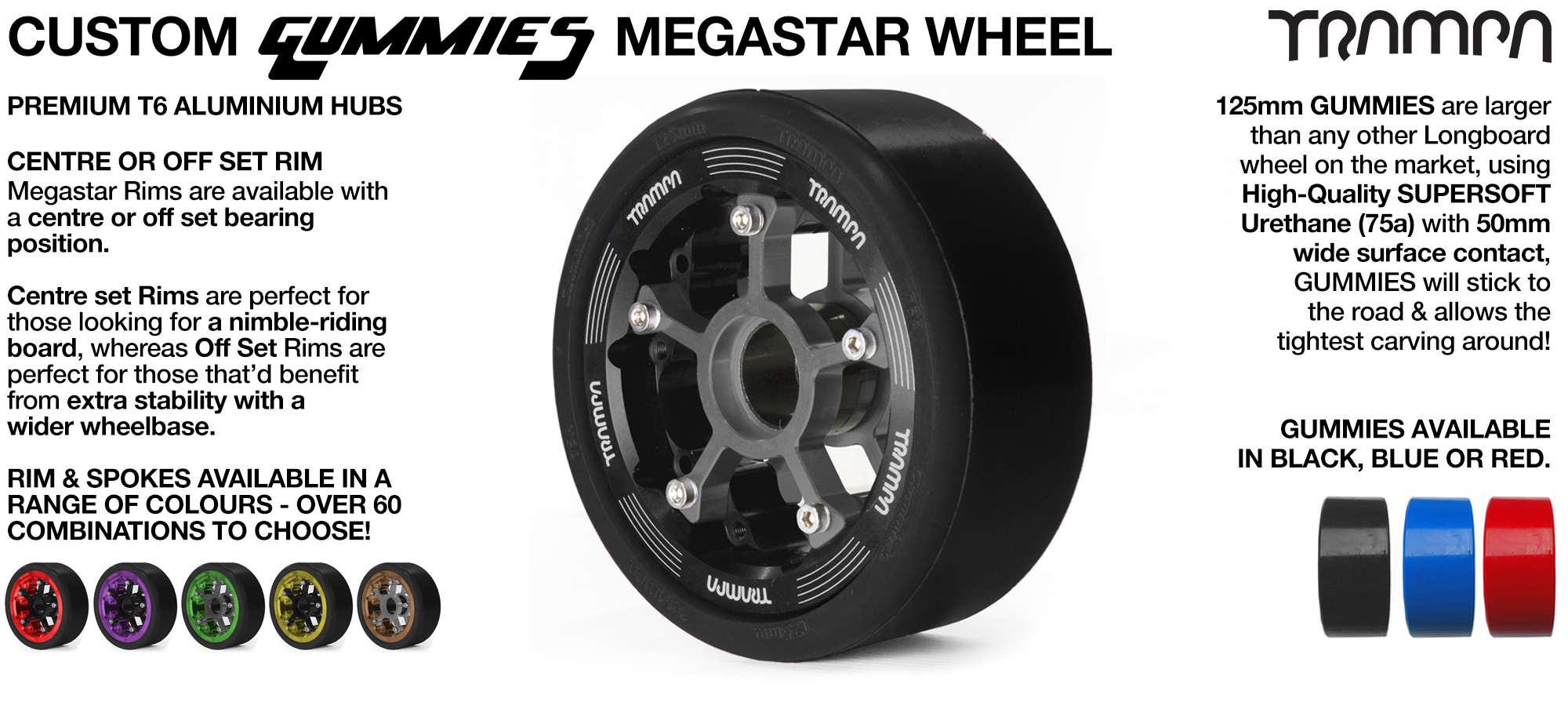 Custom CENTER-SET MEGASTAR 8 Hub & 125mm Giant Longboard tyre GUMMIES Tyre 