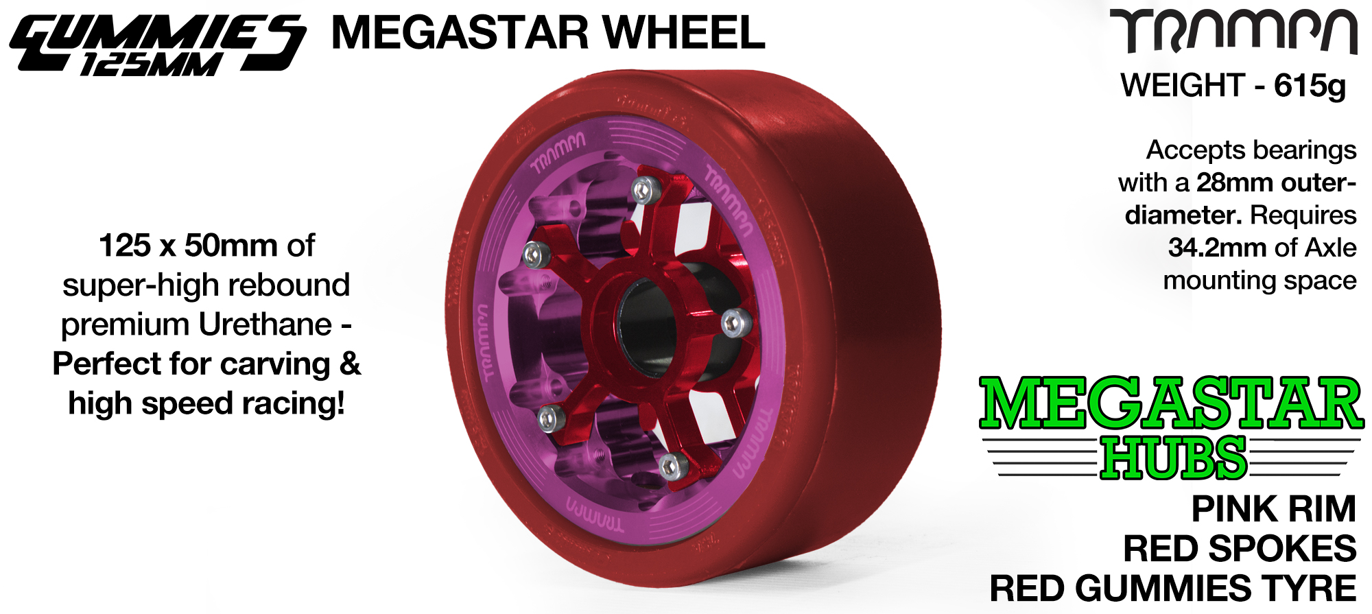 PINK CENTER-SET MEGASTAR 8 Rim with RED Spokes & RED Gummies  - The Ulrimate Longboard Wheel 
