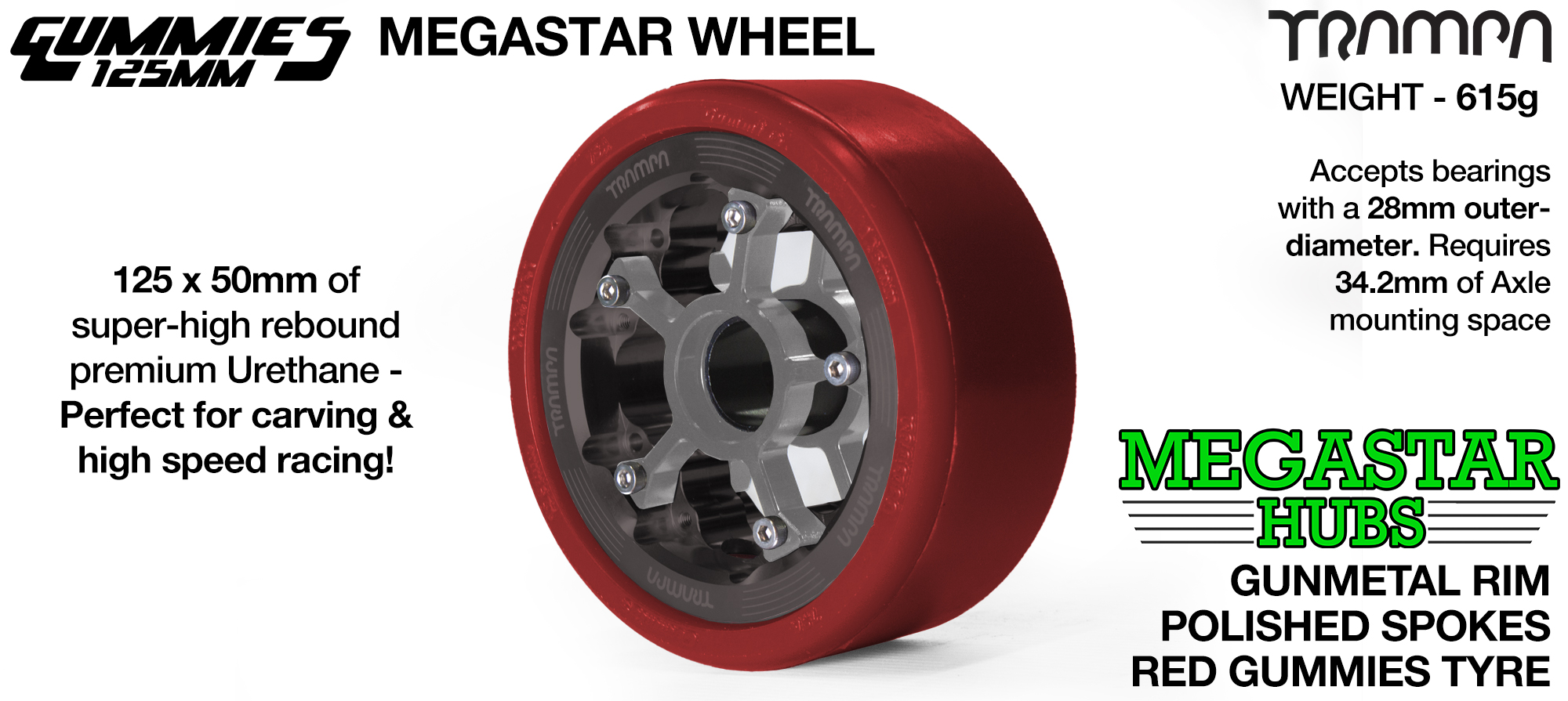 GUNMETAL CENTER-SET MEGASTAR 8 Rim with POLISHED Spokes & RED Gummies   - The Ultimate Longboard Wheel