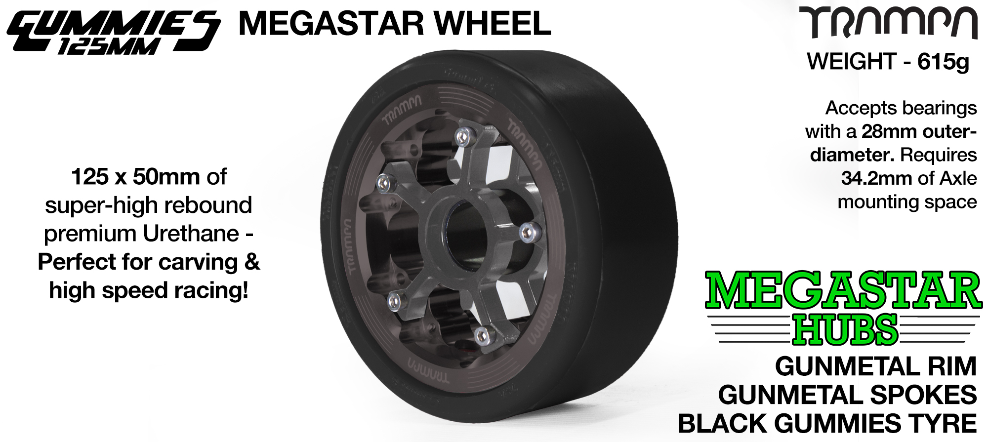 GUNMETAL CENTER-SET MEGASTAR 8 Rim with GUNMETAL Spokes & BLACK Gummies - The Ulrimate Longboard Wheel