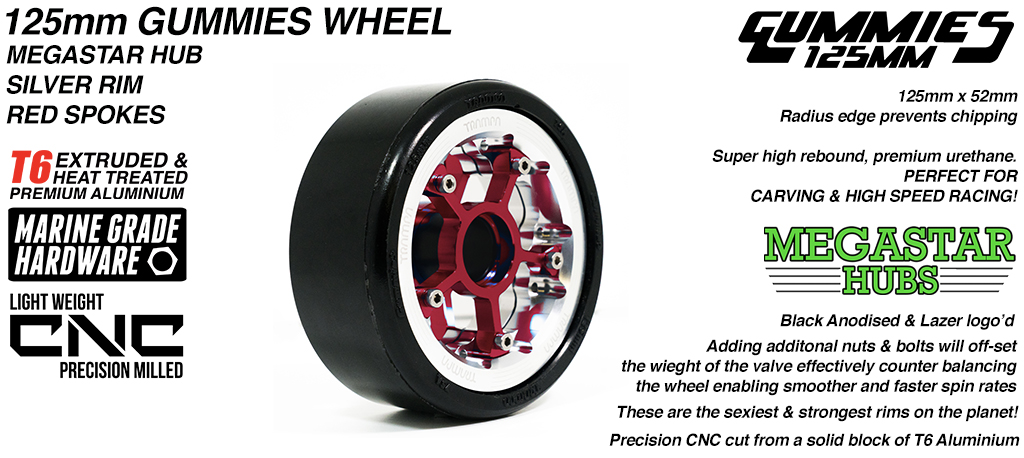 POLISHED CENTER-SET MEGASTAR 8 Rim with RED Spokes & BLACK Gummies - The Ulrimate Longboard Wheel