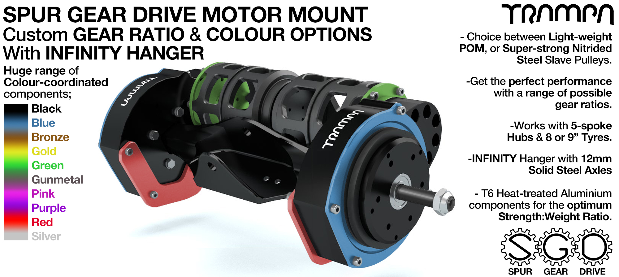 Mountainboard Spur Gear Drive TWIN with PULLEYS & FILTERS Mounted on a INFINITY Hanger