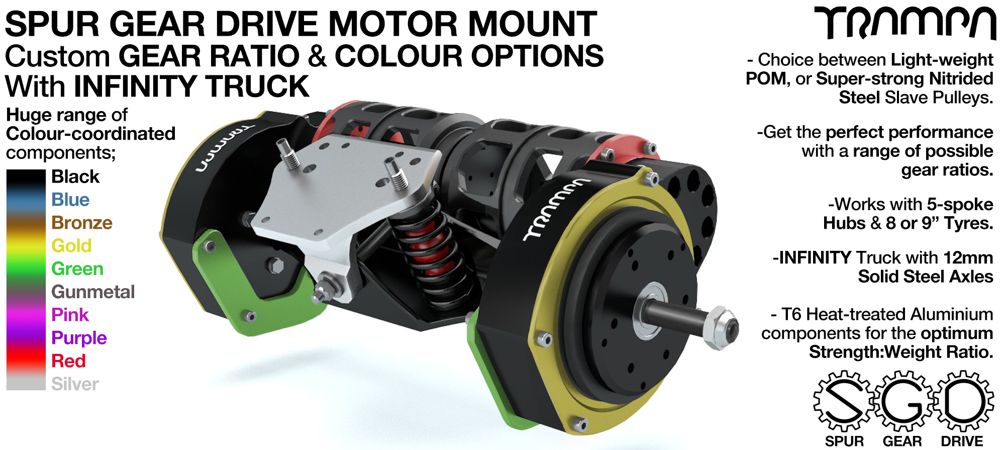 Mountainboard Spur Gear Drive TWIN with PULLEYS & FILTERS Mounted on a INFINITY TRUCK