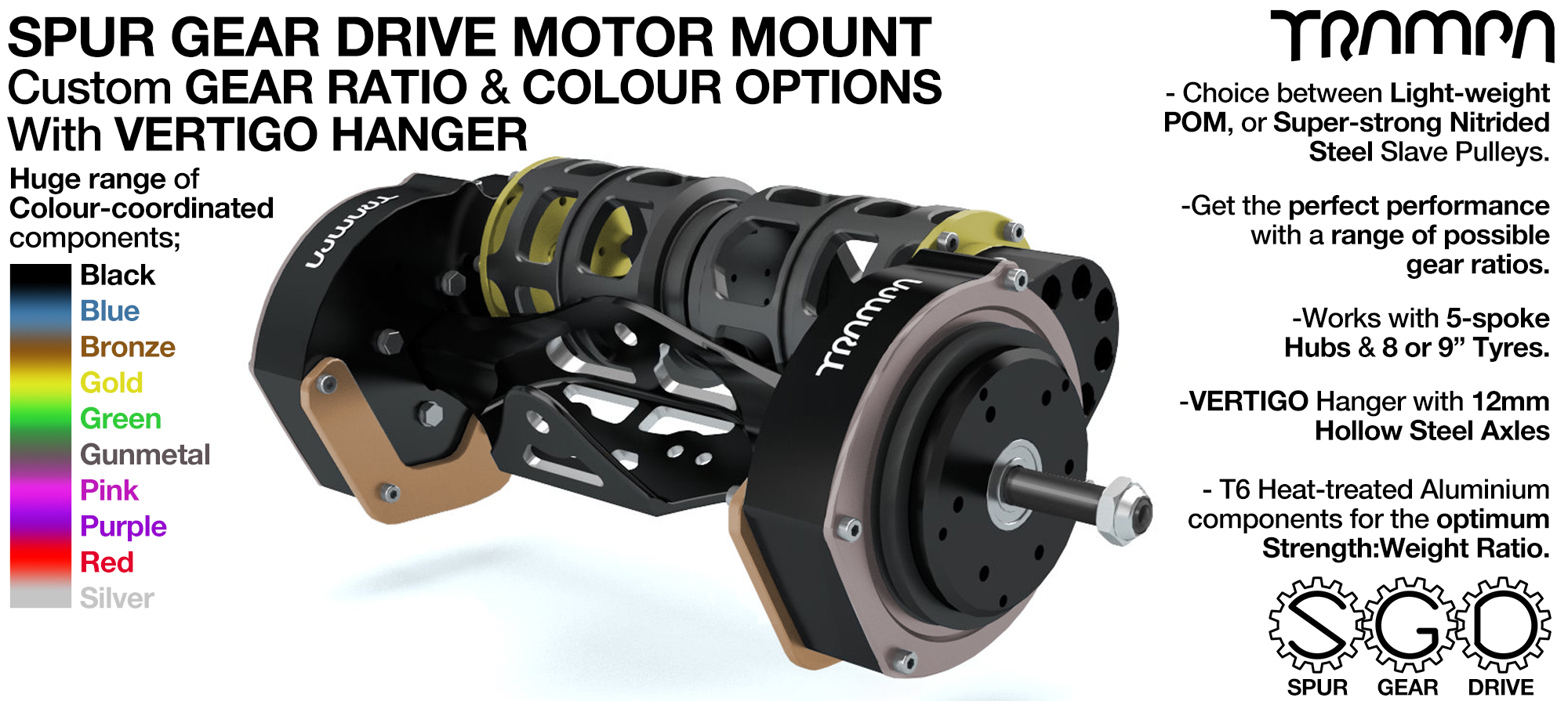 Mountainboard Spur Gear Drive TWIN with PULLEYS & FILTERS Mounted on a VERTIGO Hanger