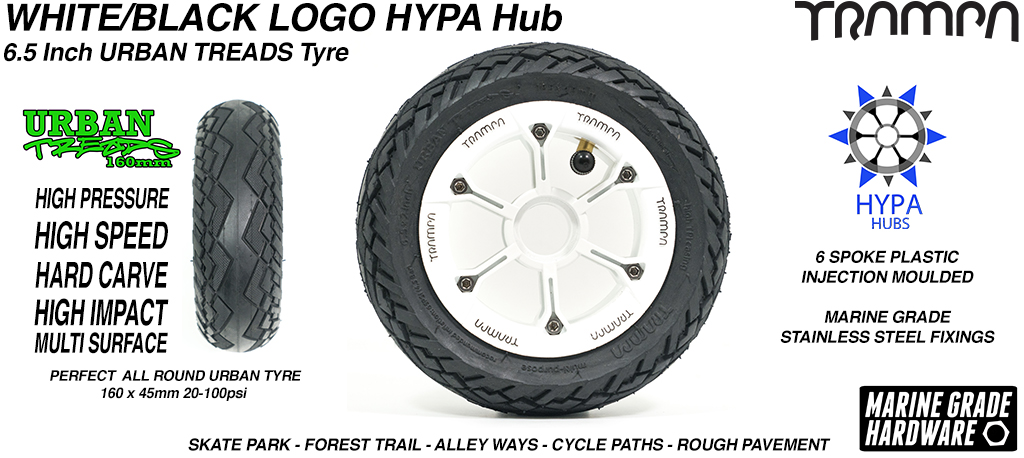 White with Black Logo HYPA Hub with Low Profile 6.5 Inch URBAN Treads Tyres