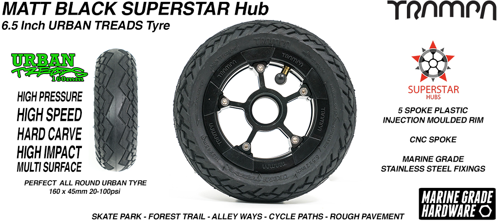 Superstar 6.5 inch wheel - Matt Black SUPERSTAR Rim with Low Profile 6.5 Inch URBAN Treads Tyres