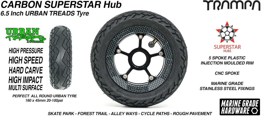 Superstar 6.5 inch wheel - Carbon Fibre SUPERSTAR Rim with Low Profile 6.5 Inch URBAN Treads Tyres 