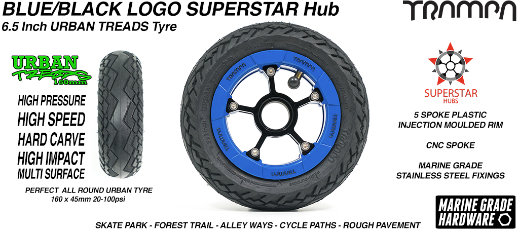 Superstar 6.5 inch wheel - Blue Gloss Black Logo SUPERSTAR Rim with Low Profile 6.5 Inch URBAN Treads Tyres