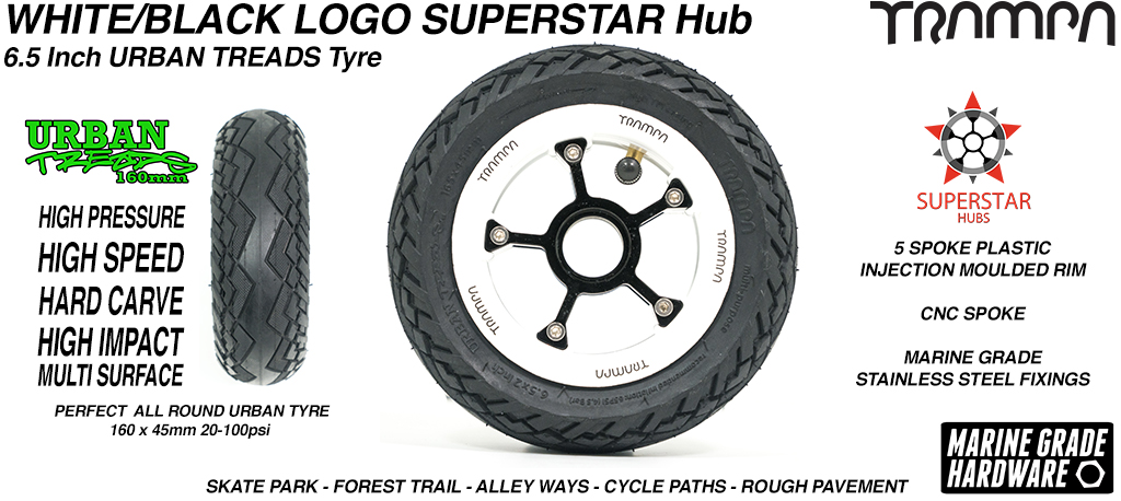 Superstar 6.5 inch wheel - White with Black Logo SUPERSTAR Rim with Low Profile 6.5 Inch URBAN Treads Tyres