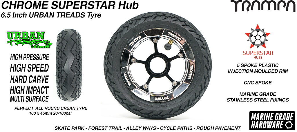 Superstar 6.5 inch wheel - Pimp Chrome SUPERSTAR Rim with Low Profile 6.5 Inch URBAN Treads Tyres