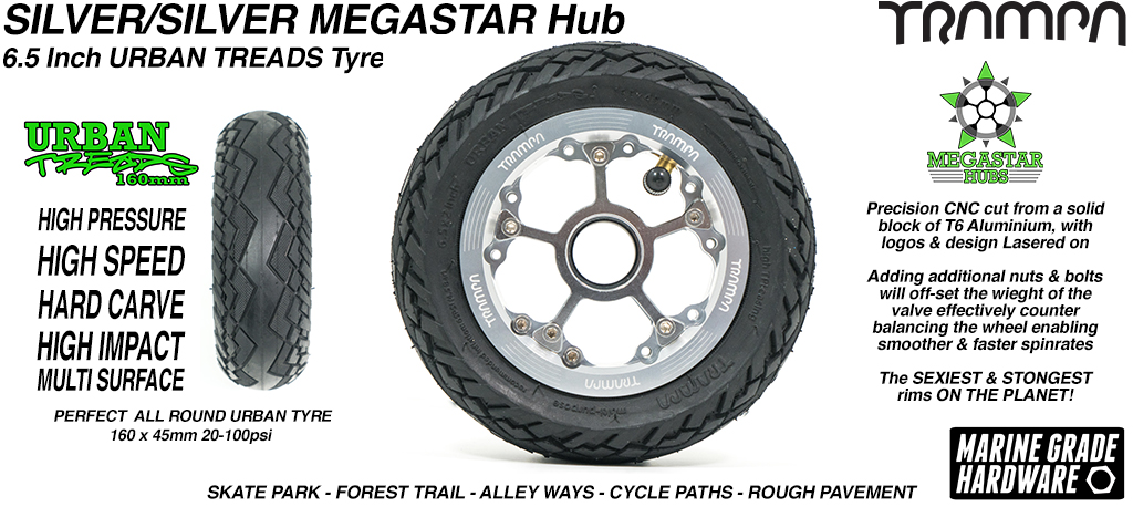 CENTER-SET MEGASTAR 8 Hub with SILVER Rims & SILVER Spokes with the amazing Low Profile 6.5 Inch URBAN Treads Tyres 