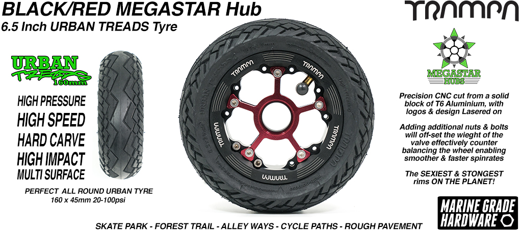 CENTER-SET MEGASTAR 8 Hub with BLACK Rims & RED Spokes with the amazing Low Profile 6.5 Inch URBAN Treads Tyres