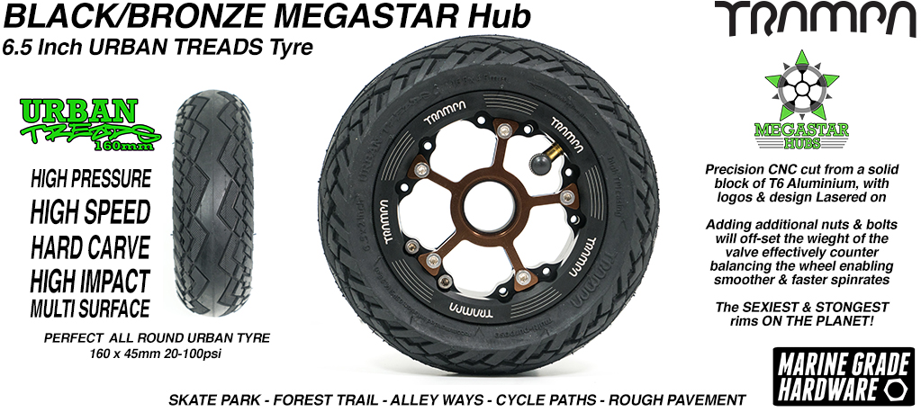 CENTER-SET MEGASTAR 8 Hub with BLACK Rims & BRONZE Spokes with the amazing Low Profile 6.5 Inch URBAN Treads Tyres