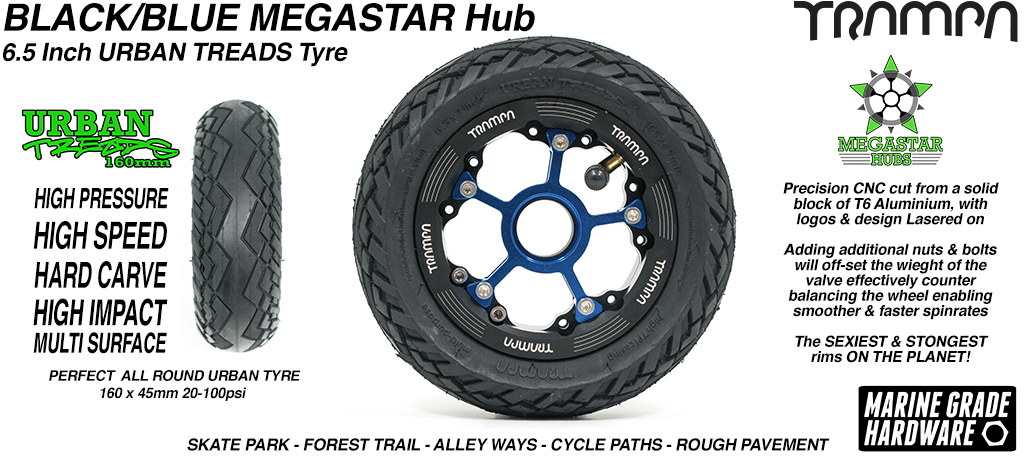CENTER-SET MEGASTAR 8 Hub with BLACK Rims & BLUE Spokes with the amazing Low Profile 6.5 Inch URBAN Treads Tyres