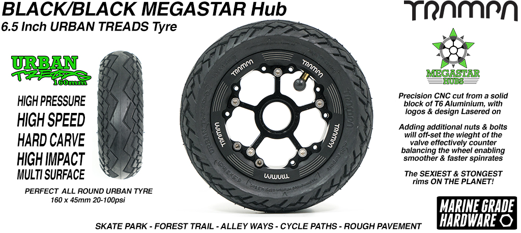 CENTER-SET MEGASTAR 8 Hub with BLACK Rims & BLACK Spokes with the amazing Low Profile 6.5 Inch URBAN Treads Tyres