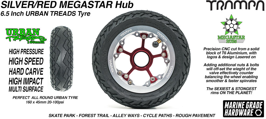 CENTER-SET MEGASTAR 8 Hub with SILVER Rims & RED Spokes with the amazing Low Profile 6.5 Inch URBAN Treads Tyres