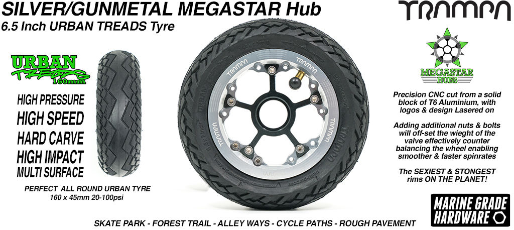 CENTER-SET MEGASTAR 8 Hub with SILVER Rims & GUNMETAL Spokes with the amazing Low Profile 6.5 Inch URBAN Treads Tyres