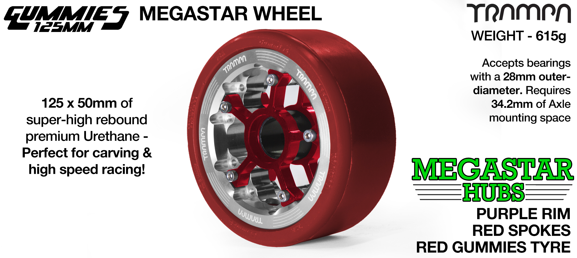 POLISHED CENTER-SET MEGASTAR 8 Rim with RED Spokes & RED Gummies - The Ulrimate Longboard Wheel