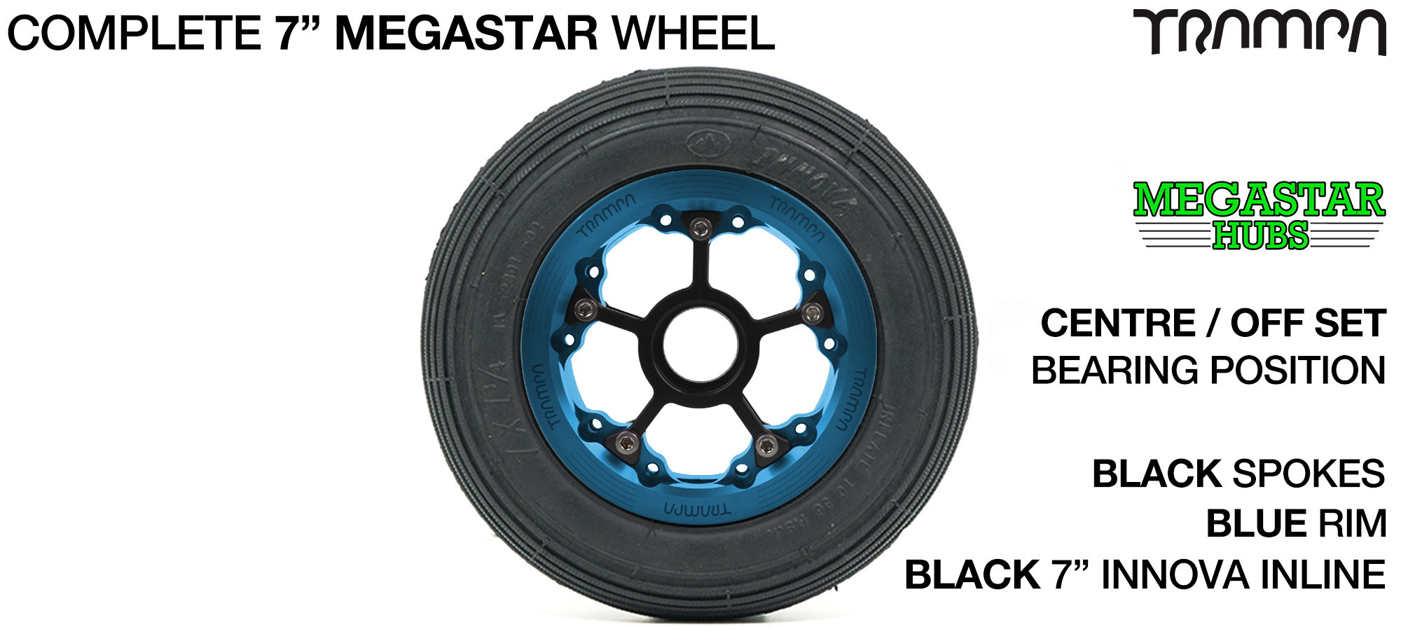 BLUE MEGASTAR Rims with BLACK Spokes 7 Inch Tyres