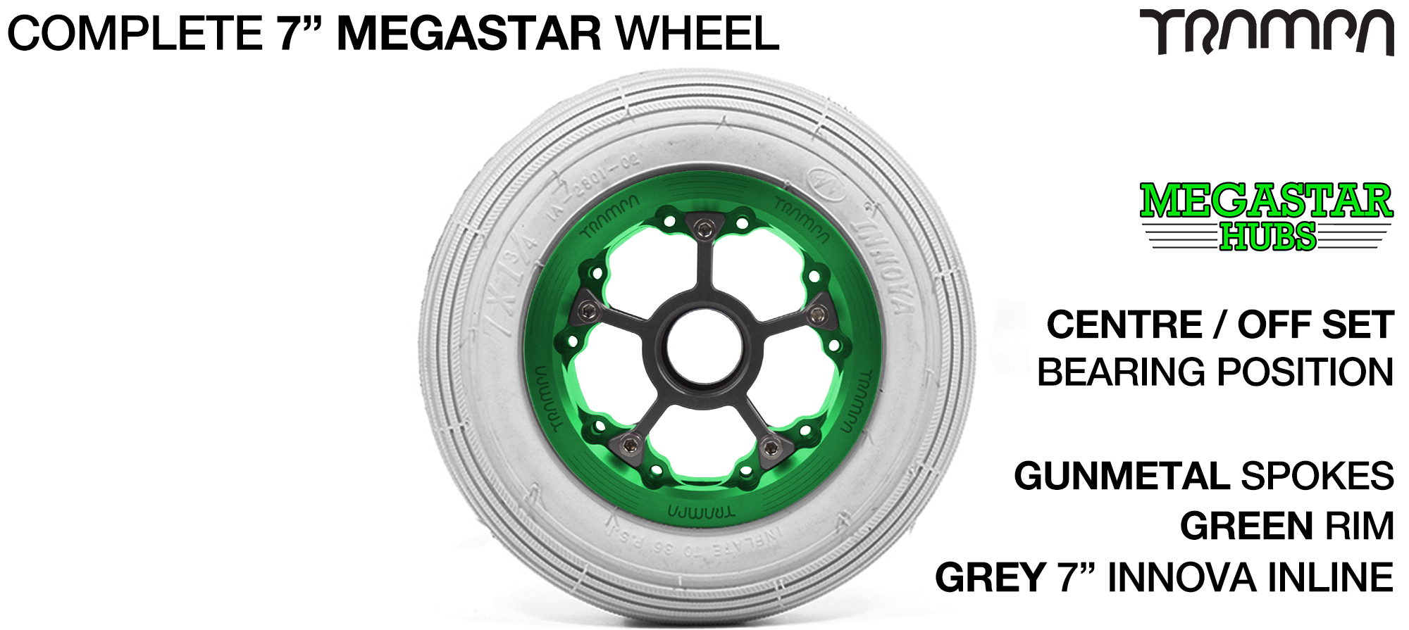 GREEN MEGASTAR Rims with GUNMETAL Spokes & 7 Inch Tyres