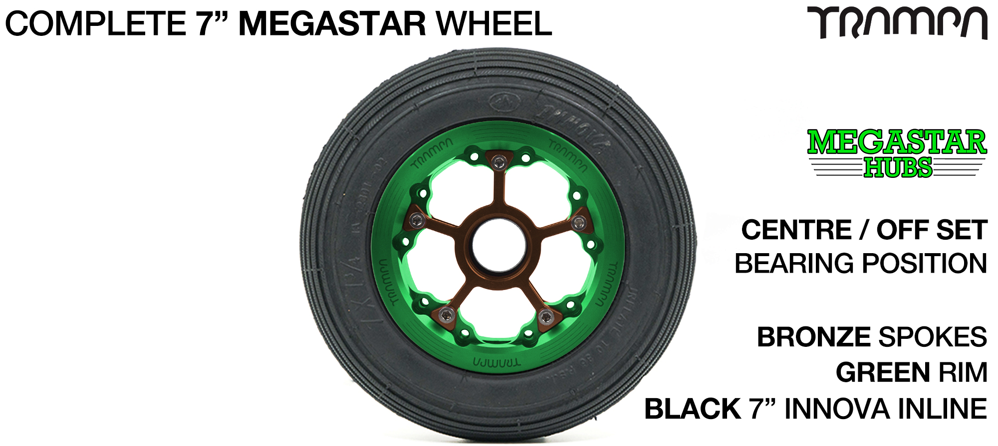 GREEN MEGASTAR Rims with BRONZE Spokes & 7 Inch Tyres
