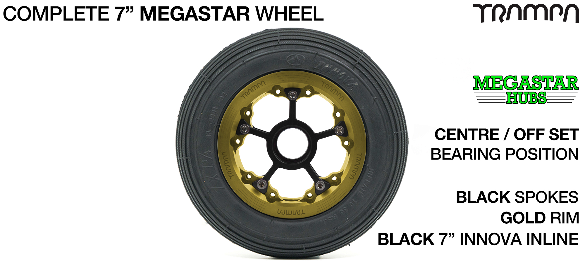 GOLD MEGASTAR Rims with BLACK Spokes & 7 Inch Tyres