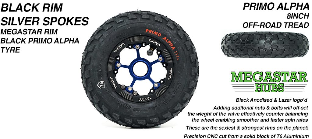 BLACK MEGASTAR Rims with BLUE Spokes & 8 Inch BLACK ALPHA Tyres