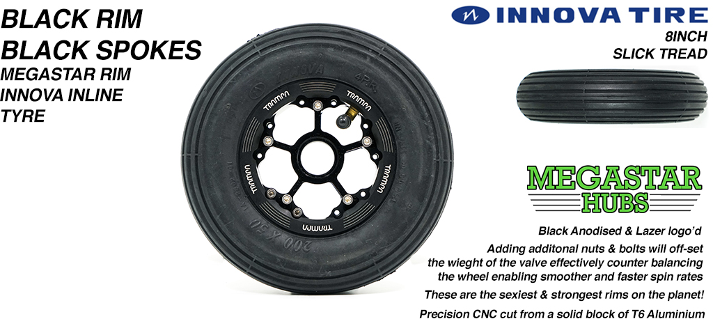 BLACK MEGASTAR Rims with BLACK Spokes & 8 Inch BLACK INLINE Tyres
