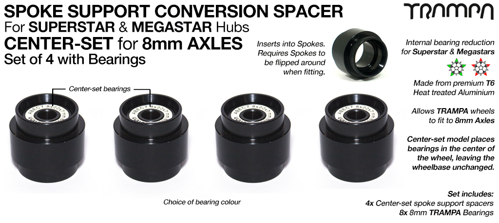 CENTRE Set Spoke Support Bearing Conversion Spacers with Bearings Kit - Fits SUPERSTAR & MEGASTAR Wheels to 8mm Axles such as Evolve, Enertion, Boosted & Pretty much an 8mm Longboard truck on the planet!!