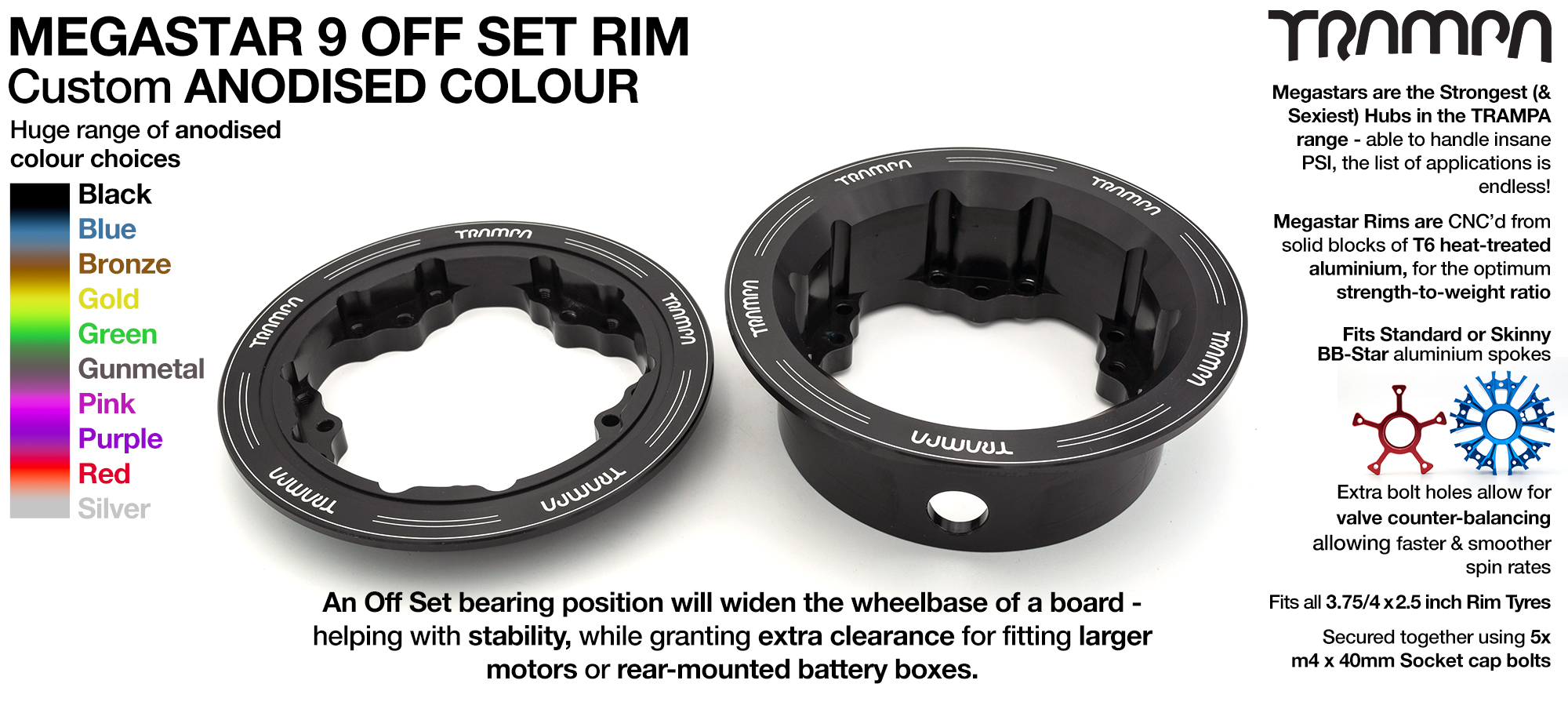 MEGASTAR 9 Rims Measure 3.75/4x 2.5 Inch & the bearings are positioned OFF-SET & accept 3.75 & 4 Inch Rim Tyres